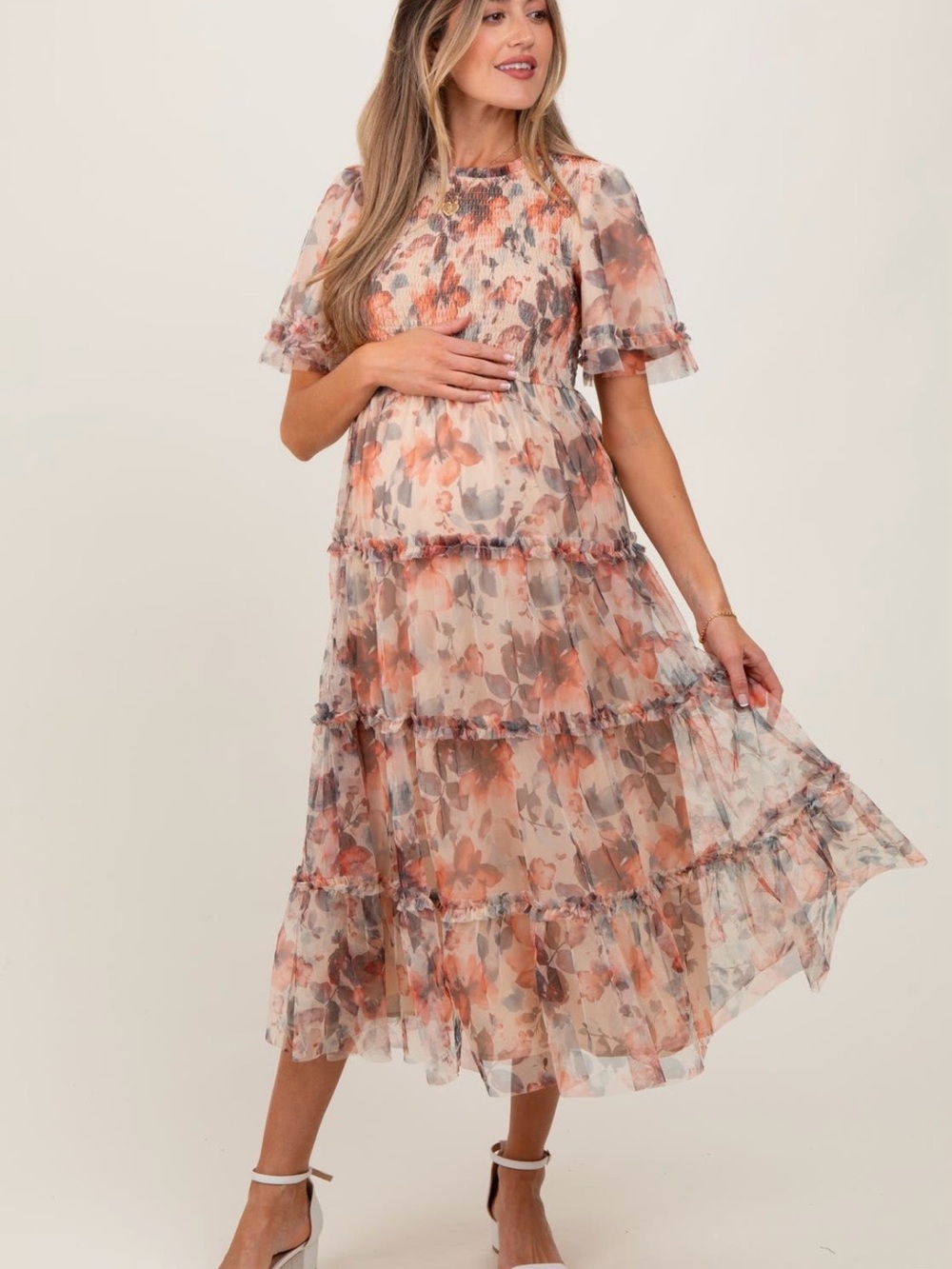 Pinkblush Floral Mesh Tiered Midi Dress in Peach - Maternity